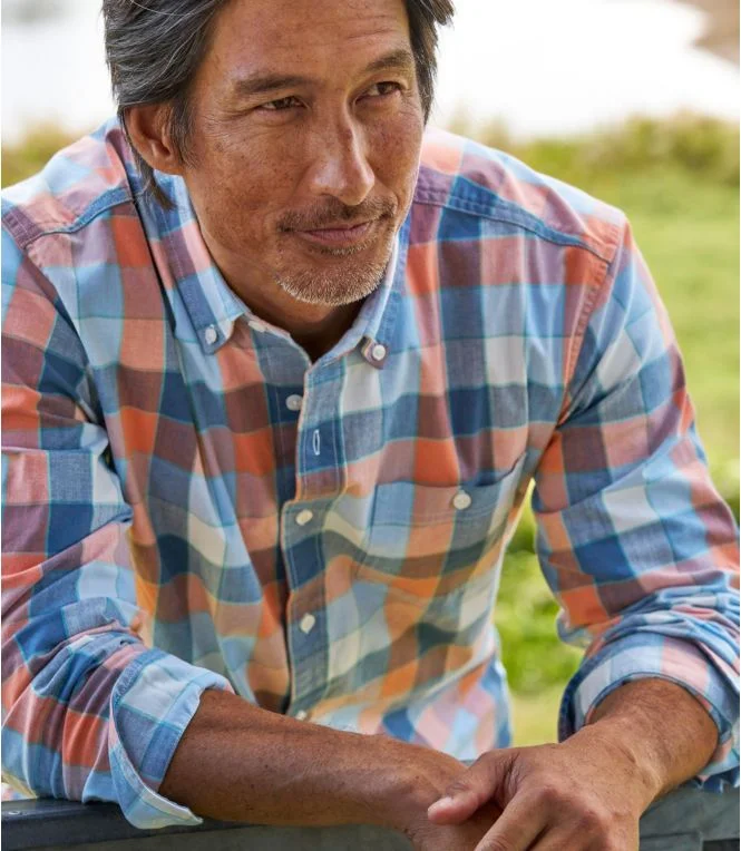 Men''s Comfort Stretch Chambray Shirt, Long-Sleeve, Slightly Fitted Untucked Fit, Plaid - Image 9