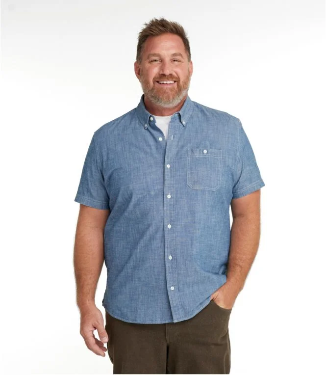 Men''s Comfort Stretch Chambray Shirt, Slightly Fitted Untucked Fit, Short-Sleeve