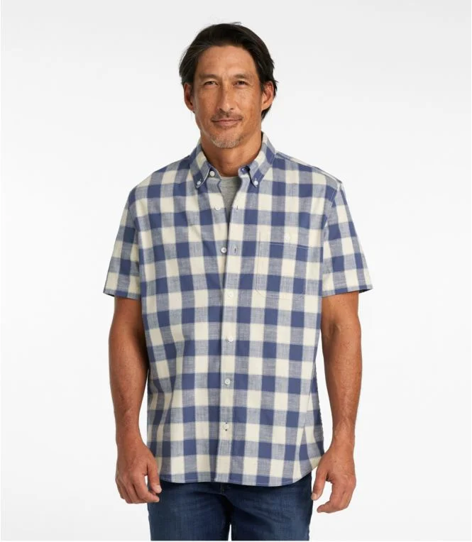 Men''s Comfort Stretch Chambray Shirt, Slightly Fitted Untucked Fit, Short-Sleeve, Plaid