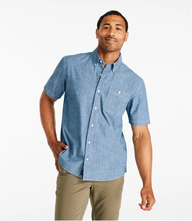 Men''s Comfort Stretch Chambray Shirt, Traditional Untucked Fit, Short-Sleeve