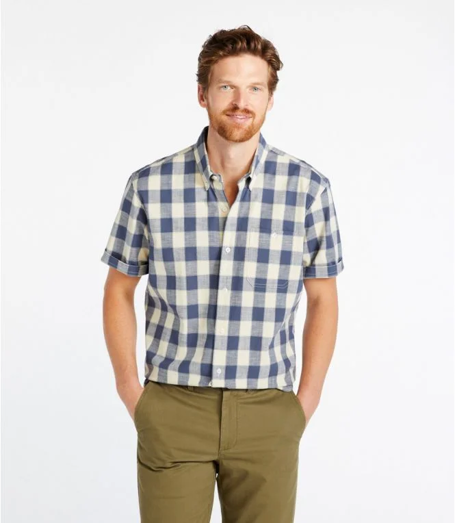 Men''s Comfort Stretch Chambray Shirt, Traditional Untucked Fit, Short-Sleeve, Plaid