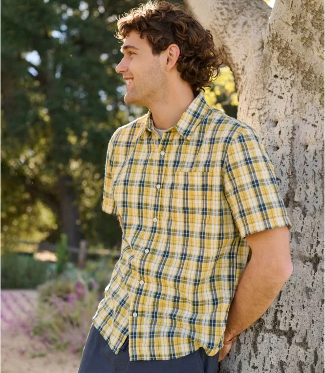 Men''s Organic Cotton Seersucker Shirt, Short-Sleeve, Slightly Fitted, Plaid