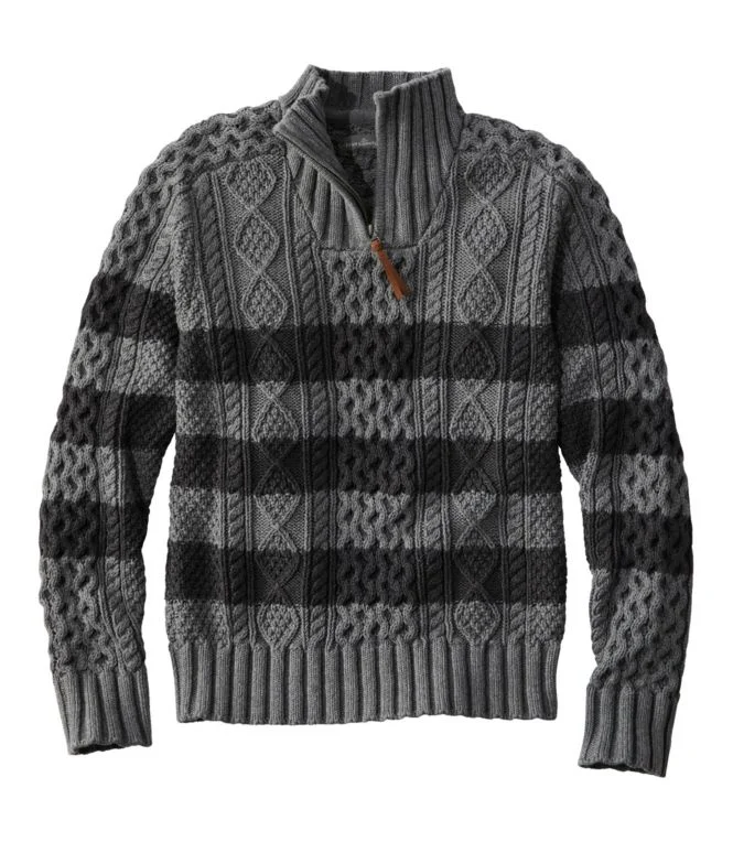 Men''s Signature Cotton Fisherman Sweater, Quarter-Zip, Stripe