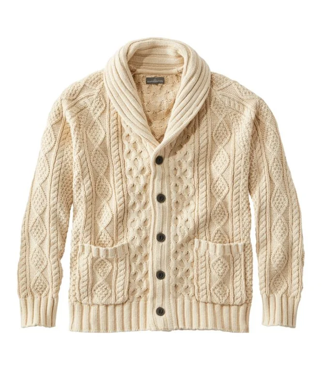 Men''s Signature Cotton Fisherman Sweater, Shawl-Collar Cardigan