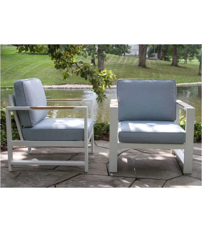 White Aluminum Deep Seating Armchair with Blue Cushions, Set of Two - Image 3