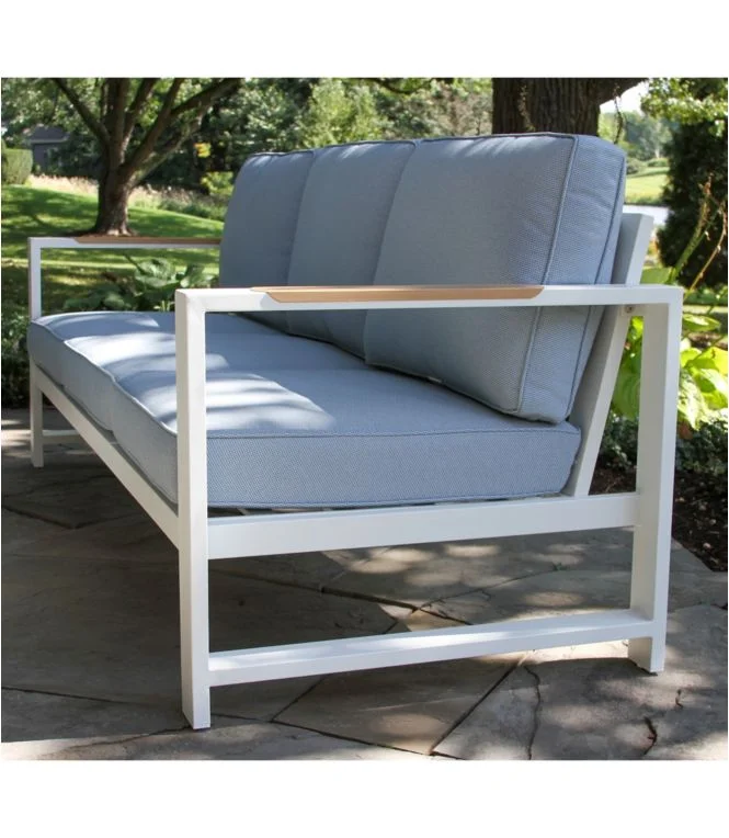 White Aluminum Deep Seating Sofa with Blue Cushions - Image 3