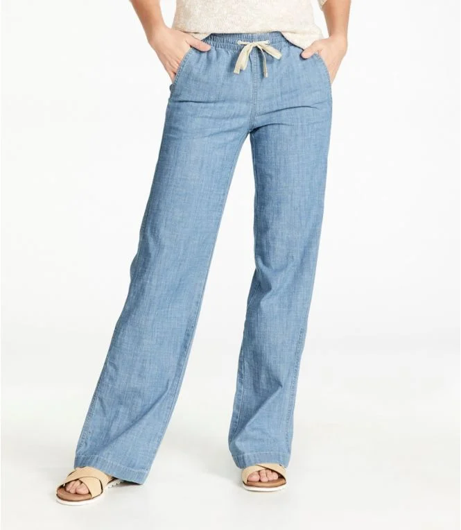 Women''s Lakewashed Pull-On Chinos, Mid-Rise Wide-Leg Chambray