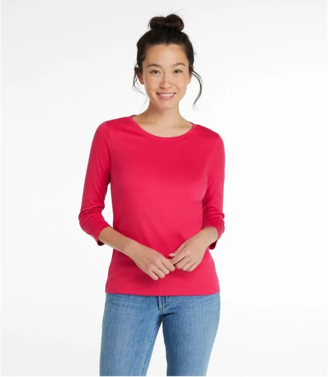 Women''s Pima Cotton Shaped Tee, Three-Quarter-Sleeve Jewelneck